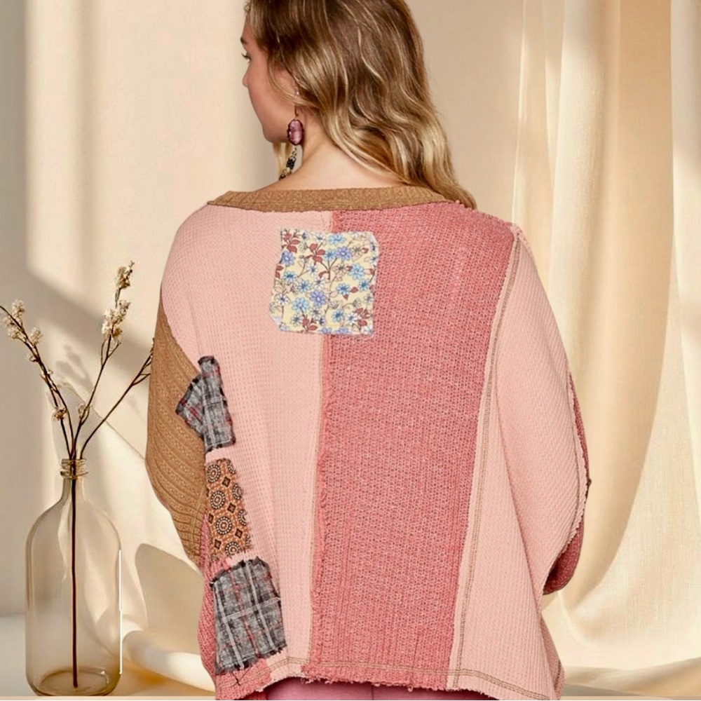 POL Patchwork Knit Henley Pullover Oversized Boho Slouch Sweater Apricot Multi - Picture 5 of 7